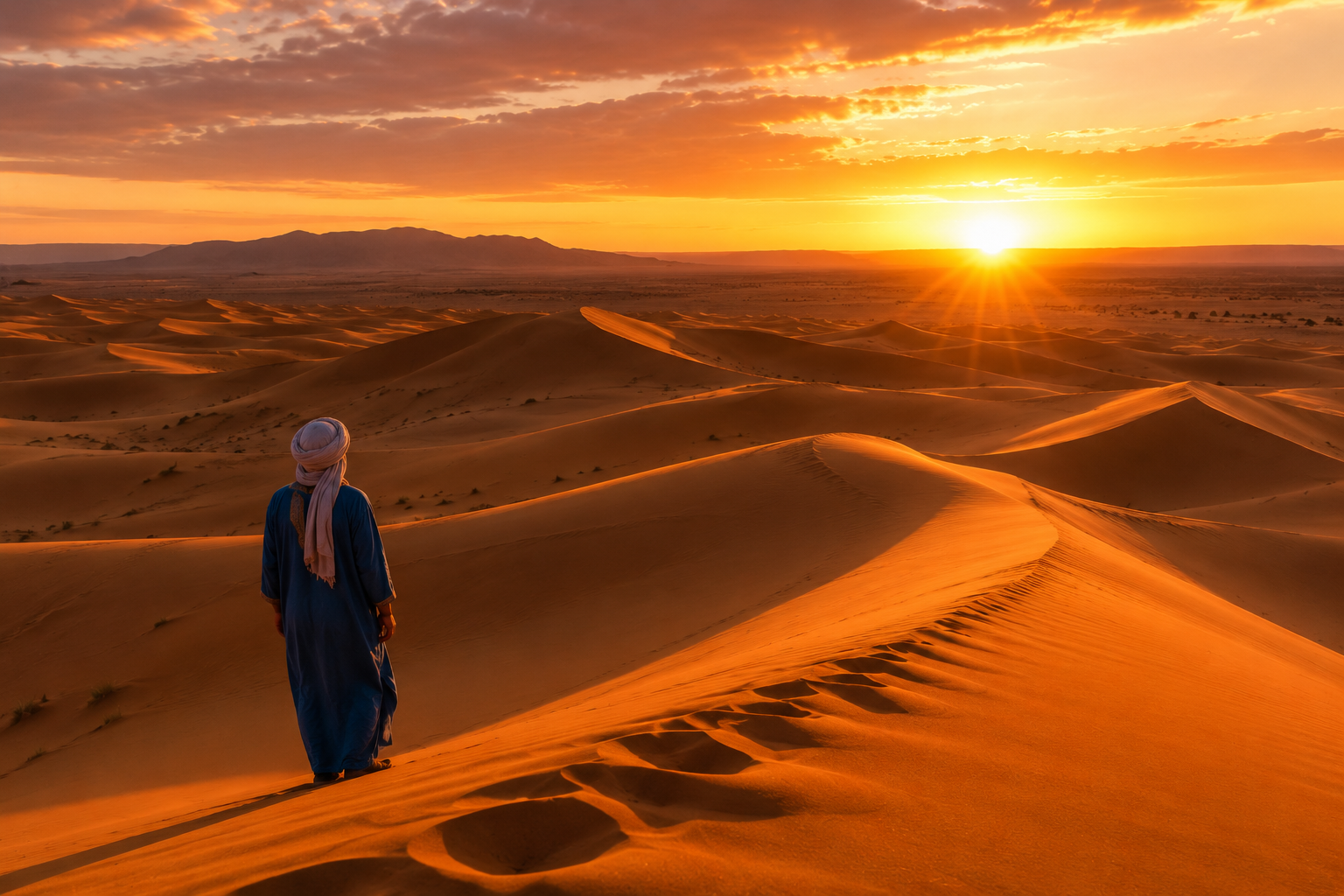 Dunes dorées du Sahara au lever du soleil