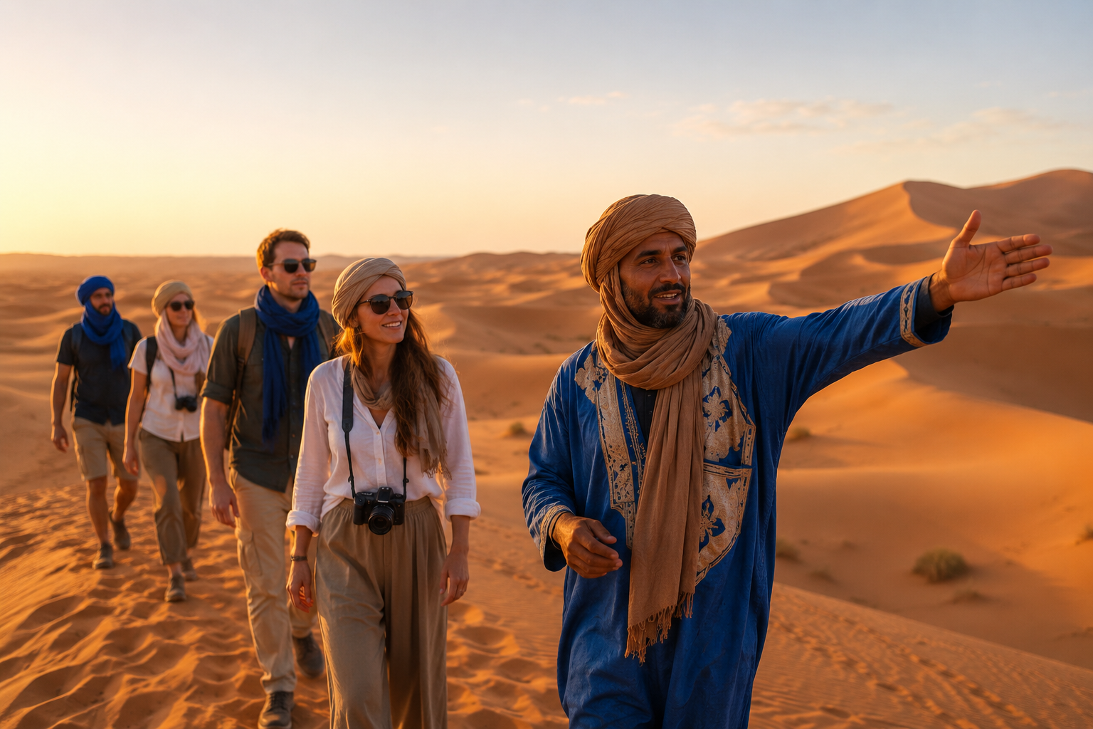Campement de luxe dans le désert marocain au coucher du soleil