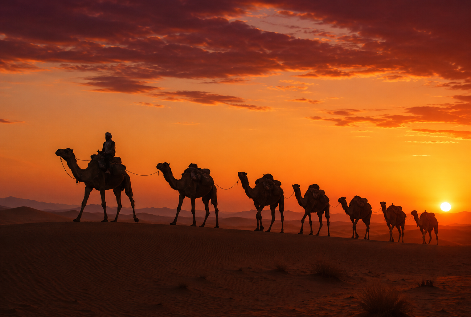 Caravane de chameaux au crépuscule